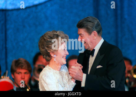 President and Mrs. Ronald Reagan dance together at the Inaugural Ball at the Washington Sheraton Hotel. Stock Photo