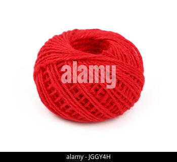 One small round coil bobbin of natural red twine hessian burlap jute rope isolated on white background, close up, high angle view Stock Photo