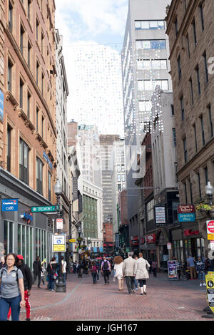 Looking down Winter Street at the corner of Winter and Tremont Streets in downtown Boston on a busy summer day. Stock Photo