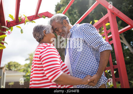 Low angle view of affectionate senior couple standing by metallic structure in yard Stock Photo