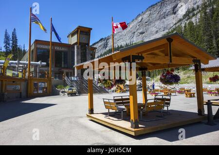 Sunshine Village Ski Lift Terminal, Rocky Mountain Ski Resort and Visitor Center Lodge Exterior in Summertime. Banff National Park, Alberta, Canada Stock Photo