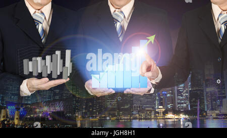 Double exposure of three businessman with growth diagram or financial graph chart with arrow on businessman hand, on blurred building background, busi Stock Photo