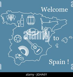 Vector illustration with various symbols of Spain. Travel and leisure. Design for banner, poster or print. Stock Vector