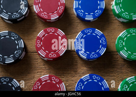 Overhead view of chips on wooden table Stock Photo