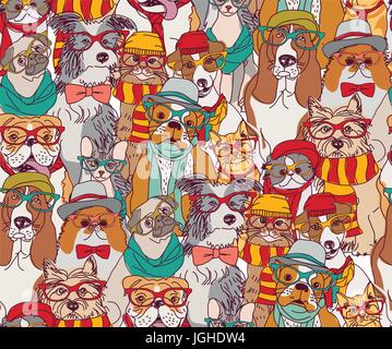 Fashion cats and dogs in glasses color seamless pattern. Stock Vector