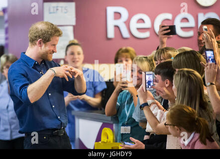 Prince Harry meets staff, patients and their families during a visit to Leeds Children's Hospital, on the second day of his two-day visit to the city. Stock Photo