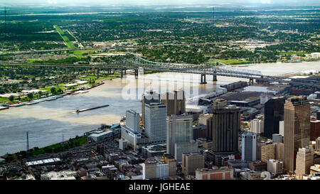 Aerial view of Downtown, New Orleans, Louisiana and Crescent City Connection Bridge Stock Photo