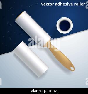 Adhesive lint roller and replaceable sticky rolls for cleaning clothes. Vector realistic 3D object with a wooden handle on the blue fabric texture. Stock Vector