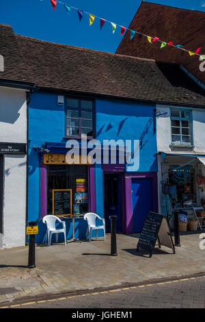 LEOMINSTER, UNITED KINGDOM - JULY 6: The colourful exterior of award nominated Reet Petite a popular bar/restaurant is seen on a sunny day in Leominst Stock Photo