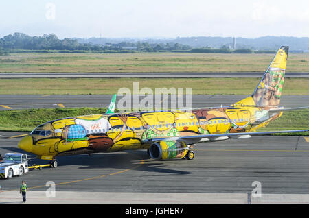 Curitiba, PR, Brazil - December 26, 2016: GOL Airlines Official CBF plane with a special painting of the artists Os Gemeos at International Afonso Pen Stock Photo