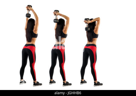 Example exercises with dumbbells, exercise on the triceps. Slender athletic brunette shows correct exercise performance with dumbbells in hand, right  Stock Photo