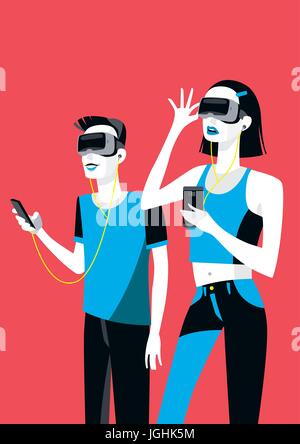 Male and female Millennial teenagers wearing Virtual Reality Glasses.  They are wearing earphones too. Stock Vector