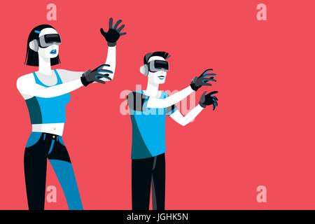 Male and female Millennial teenagers wearing Virtual Reality Glasses and gloves. Stock Vector