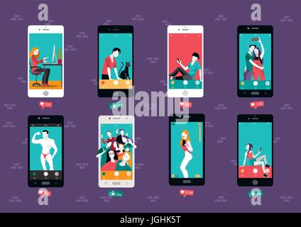 Modern life and cocial media. Self photo concept illustration. Apartments block with windows that are screens of smart phones. Group of People Taking  Stock Vector