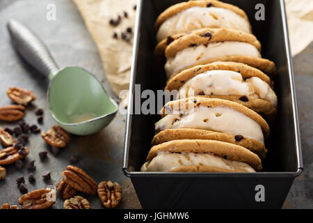 Ice cream sandwiches with chocolate chip cookies Stock Photo