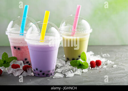 Variety of bubble tea in plastic cups Stock Photo