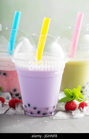Variety of bubble tea in plastic cups Stock Photo