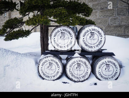 Yoichi, Japan - Feb 4, 2015. Whisky barrel at the Yoichi Distillery in winter in Hokkaido, Japan. Yoichi Distillery is owned by Nikka Whisky Distillin Stock Photo