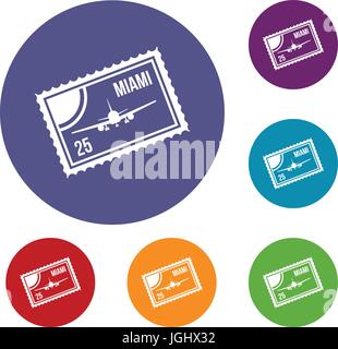 Stamp with plane and text Miami inside icons set Stock Vector