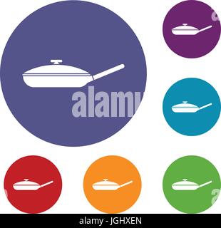 Black frying pan icons set Stock Vector