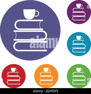 Stack of books and white cup icons set Stock Vector