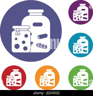 Jars with pickled vegetables and jam icons set Stock Vector