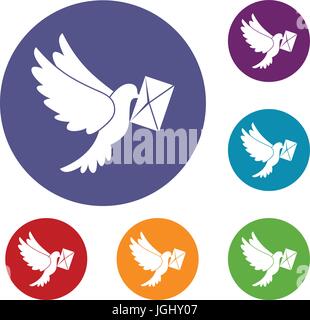 Dove carrying envelope icons set Stock Vector