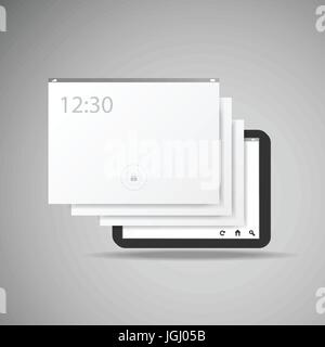 Tablet with Layers and Icons - Abstract Black and White Technology, IT or Business Illustration Template in Freely Scalable and Editable Vector Format Stock Vector