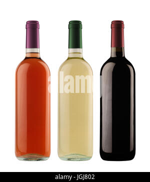 front view of rose white and red wine bottles with assorted colored caps isolated on white background Stock Photo