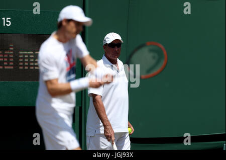 Andy Murray's coach Ivan Lendl watches his practice session on day five of the Wimbledon Championships at The All England Lawn Tennis and Croquet Club, Wimbledon. Stock Photo