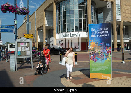 the centre of kingston upon thames, surrey, england with a get together in kingston this summer promotional advert to encourage visitors Stock Photo