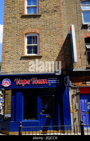 Vape Town shop in Brick Lane, Shoreditch, London E1, supplying e-cigarettes, showing the changing shops on the High Street Stock Photo