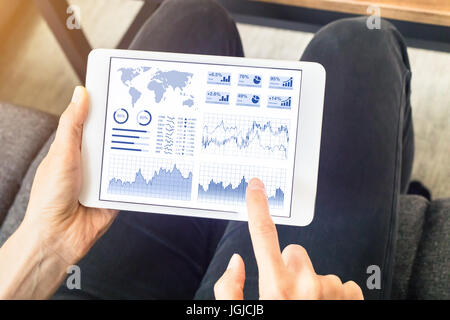 Person using financial dashboard with charts and key performance indicators (KPI) on tablet computer screen at home for investment Stock Photo
