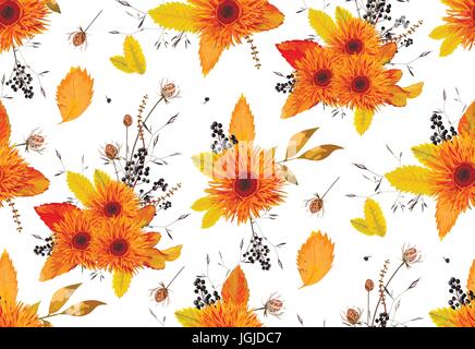 Pattern seamless autumn flowers gerbera sunflower beautiful flower ash leaves berry background wallpaper orange, yellow design watercolor style illust Stock Vector