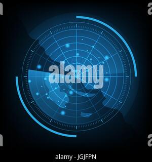 Blue radar screen with map, stock vector Stock Vector
