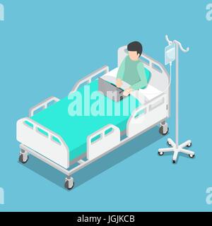 Flat 3d Isometric Businessman Working on Hospital Bed with Saline Solution On Patients Hand, Work Hard and Workaholic Concept Stock Vector