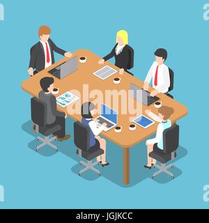 Flat 3d Isometric Business People Meeting, Teamwork and Business Conference Concept Stock Vector