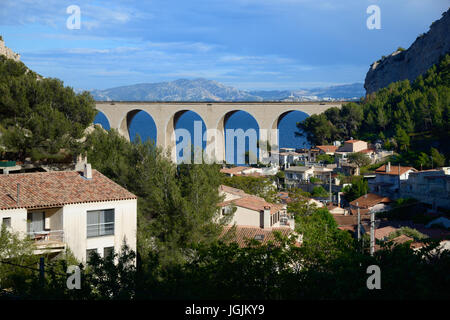 Railway Viaduct & the Village of La Vesse Calanque on the Mediterranean La Côte Bleue or Blue Coast west of Marseille France Stock Photo