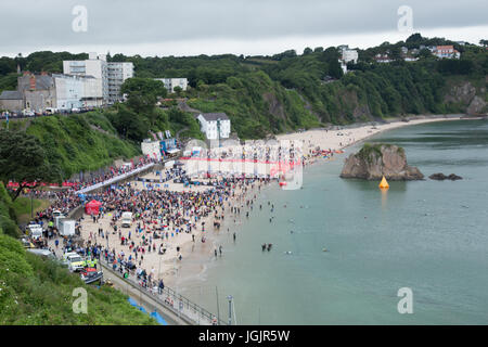 Wales Swim 2017, Tenby, Pembrokeshire, West Wales, UK. This years swim includes entries for amateur and professional athletes on a 1.2 mile or 2.4 mile swim, depending on entry level, around the North Beach. Athletes are competing for the Long Course Weekend Champion. Credit: Andrew Bartlett/Alamy Live News Stock Photo