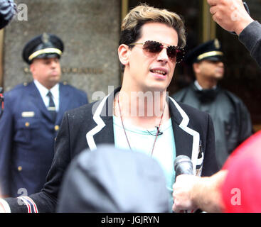 New York, USA. 7th Jul, 2017. Milo Yiannopoulos writer of Dangerous hold press conference in front of Simon Schuster office and march up 6th Avenue heading back to his hotel in New York July 07, 2017. Credit: MediaPunch Inc/Alamy Live News Stock Photo