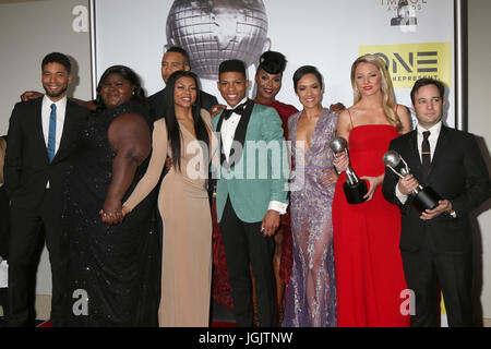 Pasadena, CA, USA. 6th Feb, 2016. LOS ANGELES - FEB 5: Jussie Smollett, Gabourey Sidibe, Trai Byers, Taraji P. Henson, Bryshere Y. Gray aka Yazz, Ta'Rhonda Jones, Grace Gealey, Kaitlin Doubleday, Danny Strong at the 47TH NAACP Image Awards Press Room at the Pasadena Civic Auditorium on February 5, 2016 in Pasadena, CA Credit: Kay Blake/ZUMA Wire/Alamy Live News Stock Photo