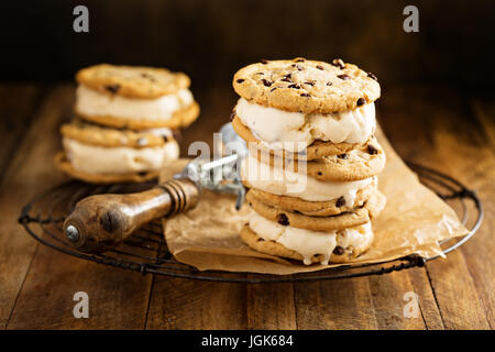 Ice cream sandwiches with chocolate chip cookies Stock Photo