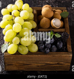Fresh fruits in wooden box Stock Photo