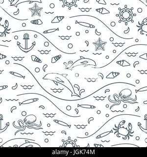 Cute seamless pattern with dolphins, octopus, fish, anchor, helm, waves, seashells, starfish, crab. Design for banner, poster or print. Stock Vector