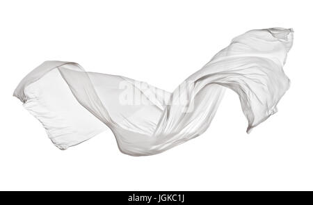 Smooth elegant white transparent cloth separated on white background. Texture of flying fabric. Stock Photo