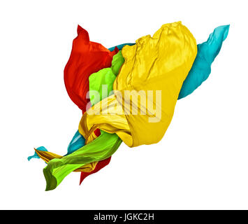 Smooth elegant colored cloth separated on white background. Texture of flying fabric. Stock Photo