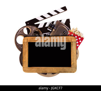 Retro film production accessories isolated on white background with blank blackboard for copyspace. Concept of film-making. Stock Photo
