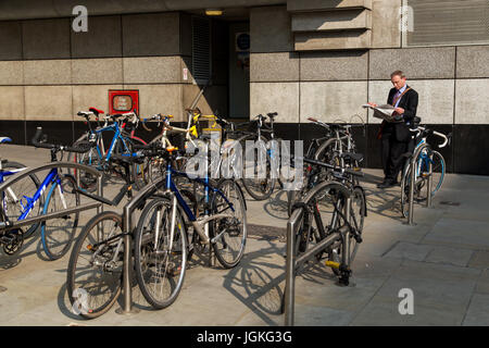 UK, London - April 08, 2015: Group of bikes in parking in London Stock Photo