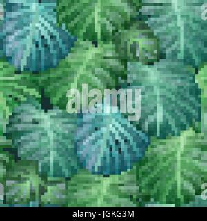 Seamless vector tropical pattern with green monstera palm leaves on dark background. Exotic hawaiian fabric design. Stock Vector