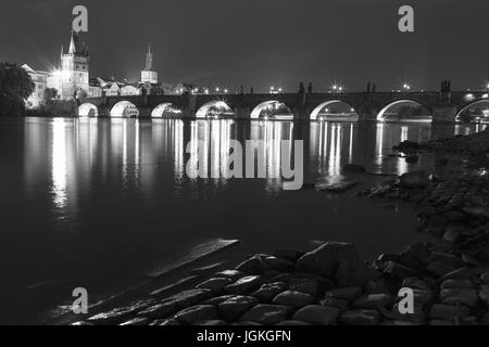 PRAGUE, CZECH REPUBLIC - JULY 7, 2017: Night view of the Charles Bridge over the Vltava river, Historic Centre of Prague Stock Photo